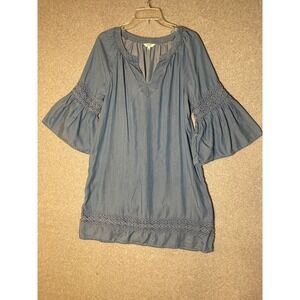 Crown‎ & Ivy Chambray Tunic Dress Short Large Bell Sleeve Hippie Boho Casual
